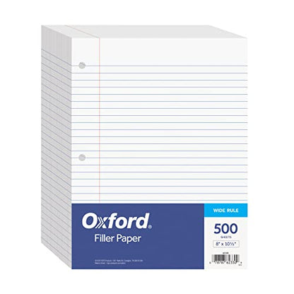 Oxford Filler Paper, 8 x 10-1/2 Inch Wide Ruled Paper, 3 Hole Punch, Loose Leaf Notebook Paper for 3 Ring Binders, 500 sheets (62330), white - size: Pack of 500