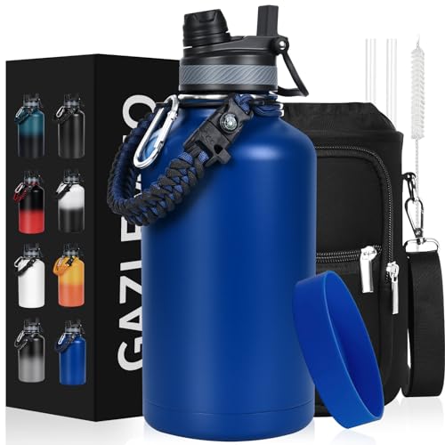 GAZLEMHO Insulated Water Bottle 64 oz, Half Gallon Water Jug Cold 48H, BPA Free Stainless Steel Bottles with Straw/Chug 2-in-1 Lid, Bag, Paracord Handle, Silicone Boot, Sports Gym School Metal Flask - color: Navy, size: 64 Ounces