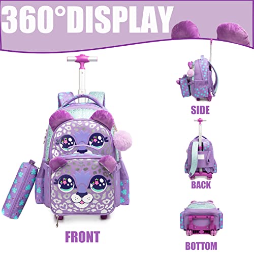 Rolling Backpack for Girls Kids Backpack with Wheels Roller Backpack with Wheels Set for Elementary Students Carry on Luggage Bookbag with Roller - color: Purple