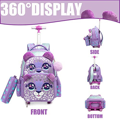 Rolling Backpack for Girls Kids Backpack with Wheels Roller Backpack with Wheels Set for Elementary Students Carry on Luggage Bookbag with Roller - color: Purple