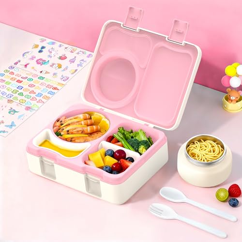 Bento Box for Kids, Leakproof Kids Bento Lunch Box Container with 8oz Insulated Thermo Food Jar, Sauce Jar, Utensil, DIY Stickers for School Boys Girls, 3-4 Compartments, BPA-Free - color: Beige Pink