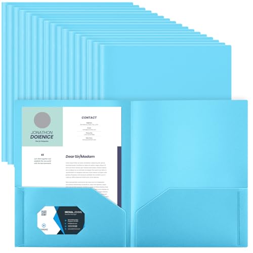 Gueevin 100 Pack Plastic Folder with Pockets, 2 Pocket Folders, Plastic Glossy Folders Fit Letter Size Paper, Heavy Duty Durable File Folder with Business Card for Home Office School (Light Blue) - color: Light Blue