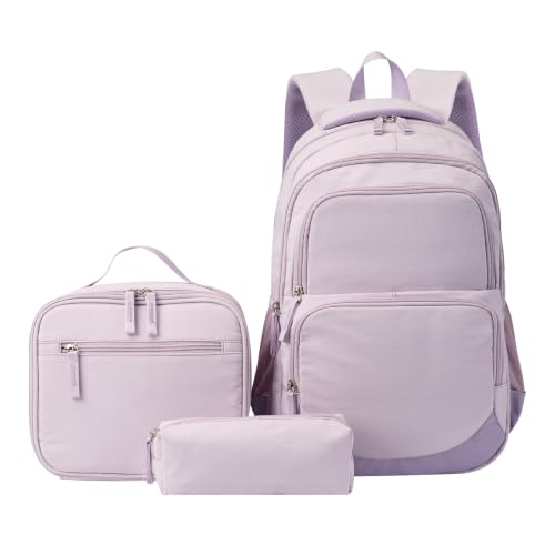 Glodwheat 3Pcs Backpack Set For Girls With Insulated Lunch Bag & Pencil Case, Lightweight Water-Resistant School Bookbag With 11 Compartments / 20L - color: Lavender