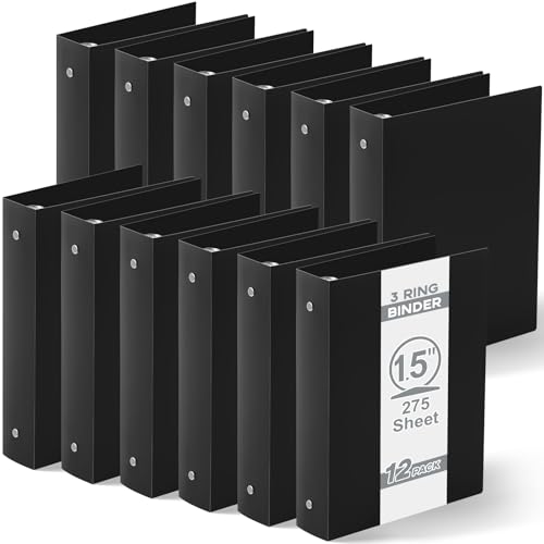 Henoyso 12 Pcs Plastic Mini 3 Ring Binders 1.5'' Binder, Fits 5.5" x 8.5" Paper Holds(capacity 280 Sheets), Flexible Three Round Rings Small Black Binders Bulk for School, Office Use, Photo Album Page - color: Black, size: 1.5 Inch