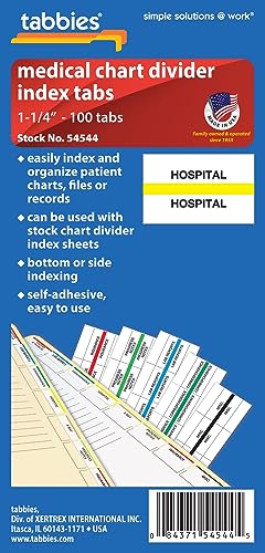 Tabbies 54544 Hospital Medical Chart Index Tabs, 100 Pack, Yellow 1.25 x 0.5 in Self-Adhesive Patient File Divider Tabs for Records & Folders - style: Hospital
