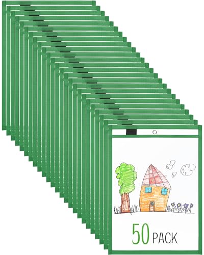 Nezyo Dry Erase Pockets Plastic Job Ticket Holders Shop Holder Order Pockets Clear Sleeves Tickets Folders Plastic Sleeves Paper Teacher Supplies for Classroom(14 x 10 in,Green,50 Pcs) - color: Green, size: Letter Size 9.5 x 12 in