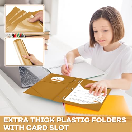 Henoyso 18 Pcs Plastic Folder with Clear Front Pocket and 3 Prong Plastic Folders with Card Slot Pocket Folders with Prongs for School Office (Khaki) - color: Khaki