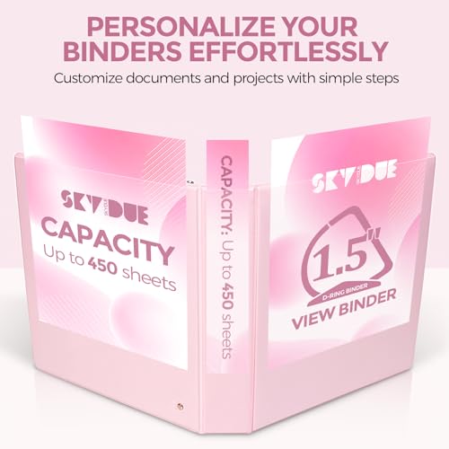 SKYDUE 3 Ring Binders, 1.5 Inch D-Ring, Pink | Holds 450 Sheets of 8.5x11 Paper, Custom View Cover with 2 Interior Storage Pockets, School & Office Supplies - color: Pink