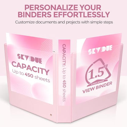SKYDUE 3 Ring Binders, 1.5 Inch D-Ring, Pink | Holds 450 Sheets of 8.5x11 Paper, Custom View Cover with 2 Interior Storage Pockets, School & Office Supplies - color: Pink