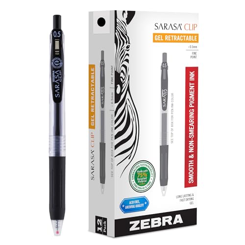 Zebra Pen Sarasa Clip Recycled Retractable Gel Pen, 0.5mm Fine Point, Black Ink, Water-Based, Ideal for Office and School, Journal, Note Taking and Planner Use, 75% Recycled, 12-Pack (47310) - color: Black