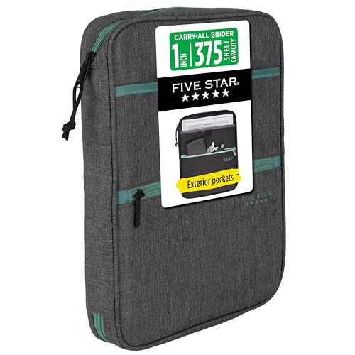Five Star Zipper Binder, 1 Inch 3-Ring Binder with Round Rings, Carry-All with Pockets and 4-Tab Dividers, 375 Sheet Capacity, Grey/Seaglass (290920B) - color: Grey/Seaglass