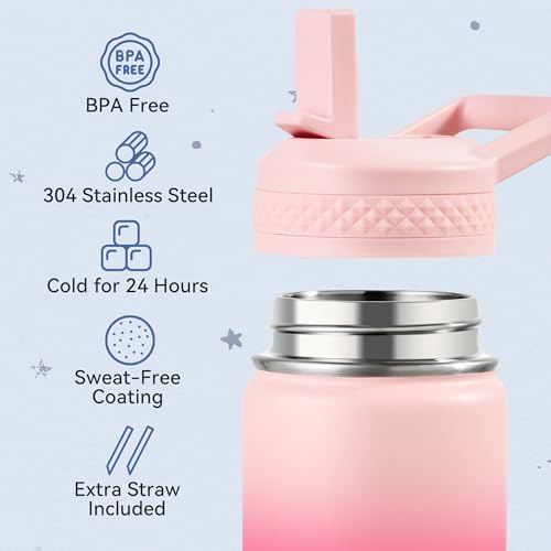Fijinhom 12 oz Toddler Bottle, 2 Pack Kids Water Bottle for School Boys & Girls with Straws Lids, 304 Stainless Steel Vacuum Insulated Thermos, BPA-Free, Blue Black + Cherry Blossom - color: AA.Blue Black & Cherry Blossom