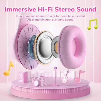 EarFun K3 Kids Headphones, Over Ear Headphones with Microphones, 85/94dB Safe Volume Limit, HD Stereo Sound, 3.5mm Jack, Foldable Wired Headphones for School/Travel/Boys/Girls/Tablet/iPad, Pink - color: Pink