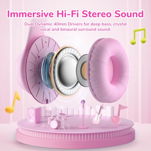 EarFun K3 Kids Headphones, Over Ear Headphones with Microphones, 85/94dB Safe Volume Limit, HD Stereo Sound, 3.5mm Jack, Foldable Wired Headphones for School/Travel/Boys/Girls/Tablet/iPad, Pink - color: Pink