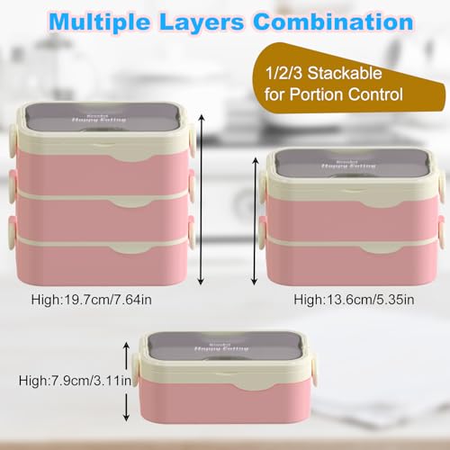 Bento Box Adult Lunch Box, Stackable 3 Layers Large Capacity Lunch Containers, Microwave and Dishwasher Safe Food Grade Containers with Utensils, Dividers and Sauce Boxes for Men, Women, Kids - color: Pink-White