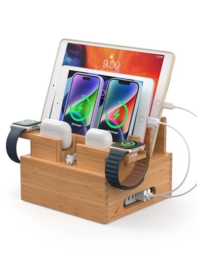 Pezin & Hulin Bamboo Charging Station Organizer for Multiple Devices, Desktop Docking Station Compatible with Phone, Tablet, Earbuds, Smartwatch, (Included 5 Cables, NO Charger HUB) - color: Dock Rack+Cables