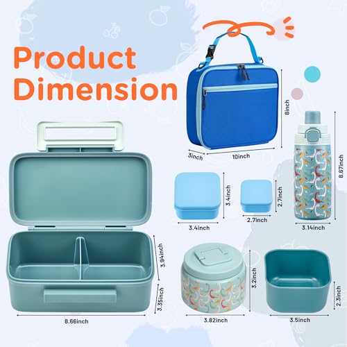 MAISON HUIS Bento Box for Kids with 8oz Soup Thermo, Insulated Lunch Bag & 17oz Water Bottle, 2-Compartment Bento Box with Built-In Ice Pack, Leak-Proof & BPA-Free - color: Blue1