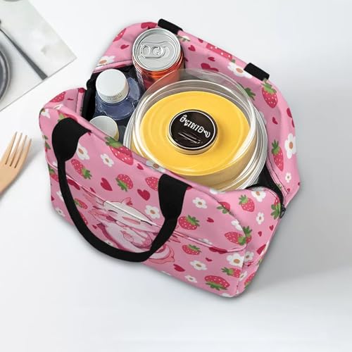 Kawaii Axolotl Lunch Box for Girls Portable Leakproof Kids Lunch Box Multifunctional Large Thermal Cooler Bag for School Camping Picnic - color: Kawaii Axolotl Strawberry