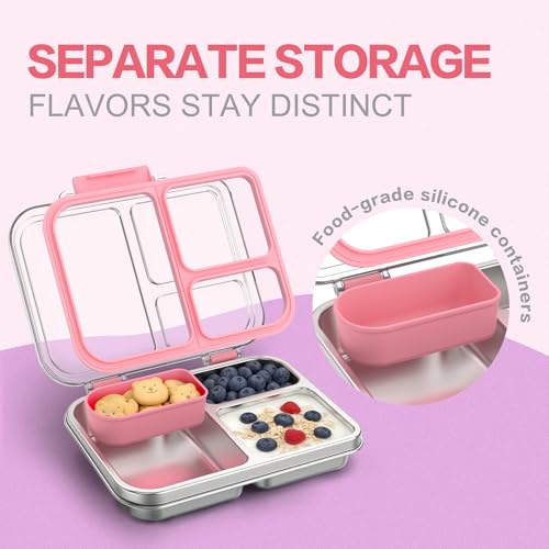 Stainless Steel Bento Box for Kids, 3-Compartment Metal Lunch Box with Clear Lid & Removable Silicone, Lunch Box Kids with Silicone Inner Container for Meal Prep, School, Office (Pink) - color: Pink