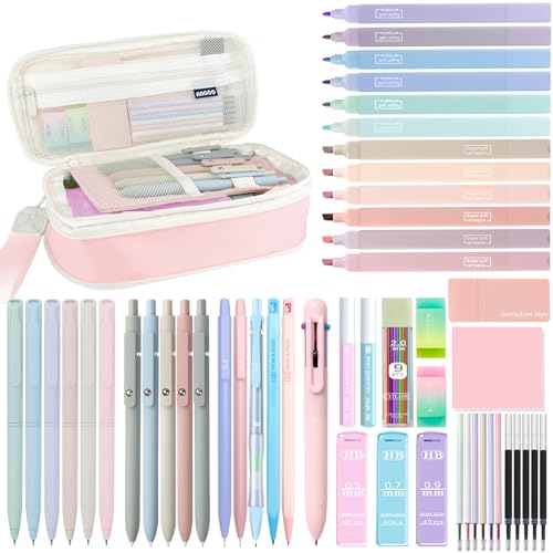 54Pcs Aesthetic School Supplies Set with Large Pastel Pencil Case 12 Dual Tip Highlighters, 6 Gel Pens, 5 Black Pens, 5 Mechanical Pencils (0.5-2.0mm) for Students Stationary College Essentials Gifts - color: Pink