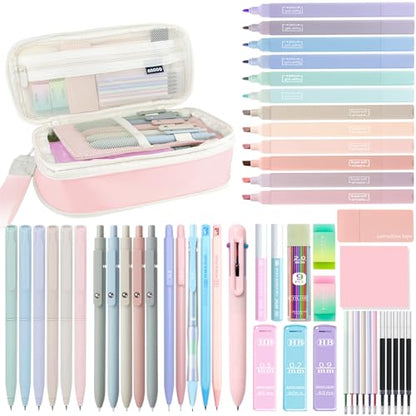 54Pcs Aesthetic School Supplies Set with Large Pastel Pencil Case 12 Dual Tip Highlighters, 6 Gel Pens, 5 Black Pens, 5 Mechanical Pencils (0.5-2.0mm) for Students Stationary College Essentials Gifts - color: Pink