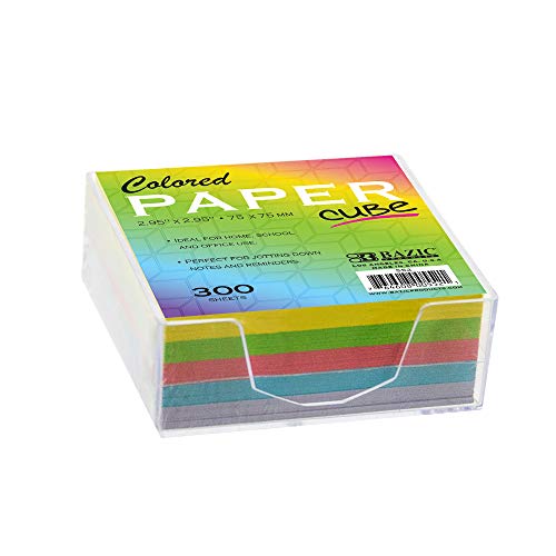 BAZIC Products Color Paper Cube with Tray, 300 Sheets, 2.95 in | 300-sheet color paper cube, 2.95 x 2.95 in (75 x 75 mm), clear holder tray for quick notes and reminders - size: 1-Pack