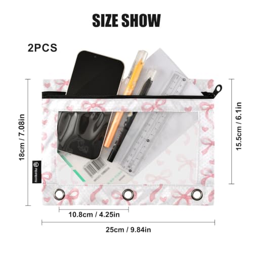Pencil Pouch for 3 Ring Binder Cute Ribbon Bow Heart Binder Pencil Pouches Clear Window Zipper Pencil Case 2 Pack for Office School College Supplies - color: Cute Ribbon Bow Heart
