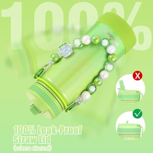 Mininoo Kids Water Bottle for School - 16 oz Stainless Steel Insulated Water Bottle with Ceramic-Lined, Leakproof Straw Lid & Beaded Handle for Girls & Boys - color: Sparkle Lemon