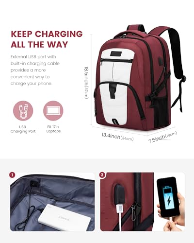 LOVEVOOK Rolling Laptop Backpack with Wheels, Waterproof Travel Carry On Business Backpack for Men, Fits 17 inch (17 inch, Red) - color: Red&white, size: 15.6 inch