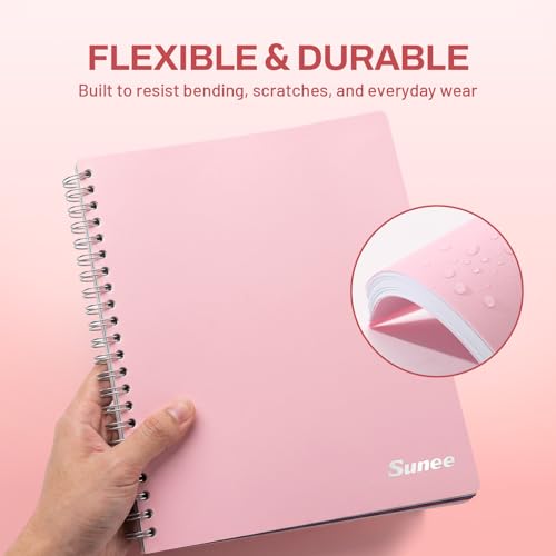 SUNEE Spiral Notebook, 3 Subject, College Ruled Paper, 8" x 10-1/2", 150 Sheets/300 Pages, 3 Pocket Colored Dividers, Water Resistant Cover, Pink - color: Pink