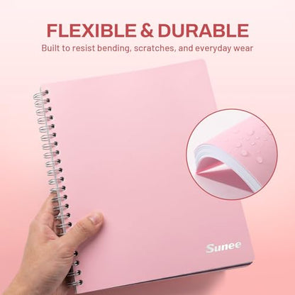 SUNEE Spiral Notebook, 3 Subject, College Ruled Paper, 8" x 10-1/2", 150 Sheets/300 Pages, 3 Pocket Colored Dividers, Water Resistant Cover, Pink - color: Pink