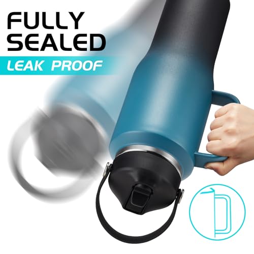 32 40 OZ Insulated Water-Bottle with Handle - Straw & Chug Lid, Strap Carrier Bag & Protective Boot, Stainless Steel Coffee Travel Tumblers, Leak-Proof, Skinny Flask Fit in Car Cup Holder - color: Blue&Black, size: 32 ounces with handle