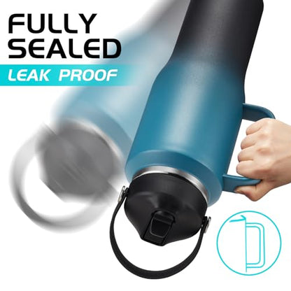 32 40 OZ Insulated Water-Bottle with Handle - Straw & Chug Lid, Strap Carrier Bag & Protective Boot, Stainless Steel Coffee Travel Tumblers, Leak-Proof, Skinny Flask Fit in Car Cup Holder - color: Blue&Black, size: 32 ounces with handle