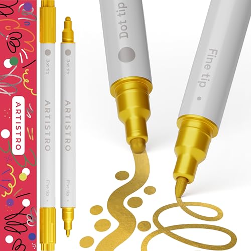 ARTISTRO 2 Gold Dual-Tip Acrylic Paint Pens - Multisurface Markers for Glass, Rock, Fabric, Wood, Plastic & More - 5mm Dot + 1mm Fine Tips - color: Gold, style: Dual Tip Dot + Fine