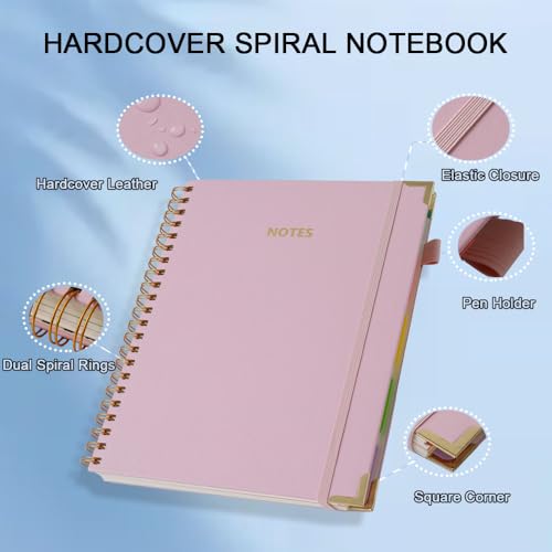 Hardcover Spiral Five Subject Notebook, Multi Subject Notebooks, Pink | Removable Dividers, Large Leather Journal, 150 Sheets, 300 Pages, 8.5''x11'', US Letter Size - color: Pink