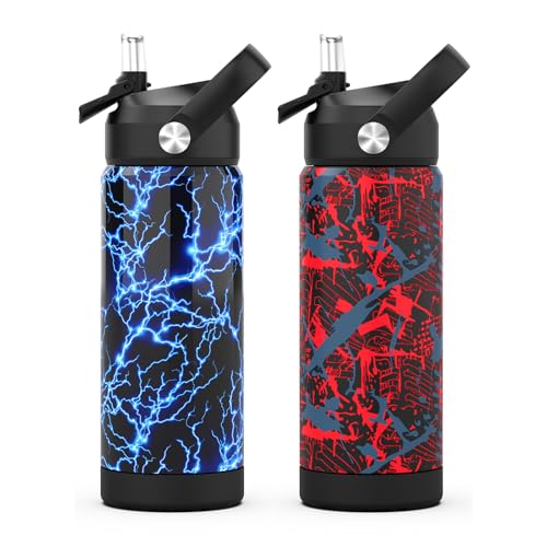 Boys Water Bottle with Straw,18 oz Kids Insulated Cups with Stainless Steel Leak Proof for School,Sport&Travel（2pack，Lightning+Geometry-R） - color: C10.Lightning+Geometry-R