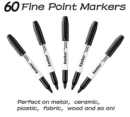Keebor Permanent Markers Bulk, 60 Pack, Quick Drying & Fade Resistant | Fine Point Marker Set for Wood, Plastic, Paper, Metal - size: 1 Count (Pack of 60)