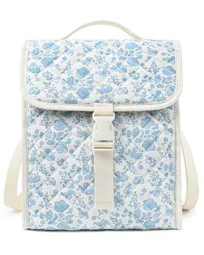 Aileam Quilted Lunch Bag for Women Cute Lunch Box Girls Insulated Lunch Bag for Work Quilted Large Capacity Reusable Insulated Cooler for Work Kids School Picnic Travel Blue Flower - color: StyleB Blue Flower