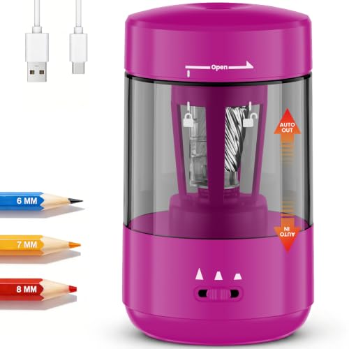 Electric Pencil Sharpener for Classroom, Fully Automatic Pencil Sharpener for 6-8mm & Colored Pencils, Auto in & Out Type-C Rechargeable Pencil Sharpeners for Home, School - color: Magenta Pink