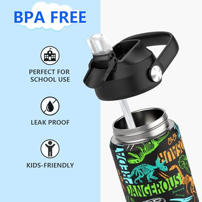 Boys Water Bottle with Straw,18 oz Kids Insulated Cups with Stainless Steel Leak Proof for School,Sport&Travel（Dinosaur） - color: A12.Dinosaur