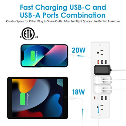 HHSOET 13 in 1 Recessed Power Strip Flat Plug, Fast Charging Desk Outlet with USB, Conference Recessed Power Outlet Socket with 5 AC Plugs, 6 USB Ports 2 USB-C, 6ft Power Cord. (White)