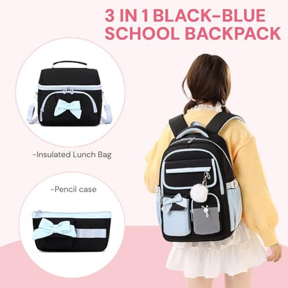 Girls School Backpack with Lunch Box Pencil Case Set, Cute Middle School Bag Teen Girls Backpack Bookbag for Kids, 3pcs Black Blue - color: 3pcs Black-blue