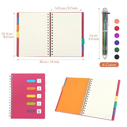 KESOTE 5 Subject Spiral Notebook with Divider Tabs, A5 Wide Ruled 5.7" × 8.5" Hardcover Tabbed Notebook Journal, 240 Pages, Rose Red - color: Rose Red