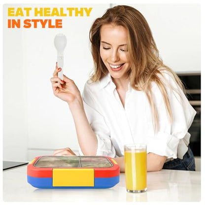 EASYFUN Bento Box Adult, Lunch Box, 3-Compartment Lunch Containers, Drop-Proof, Dishwasher Safe & Made with BPA-Free Materials (Red blue) - color: Red blue