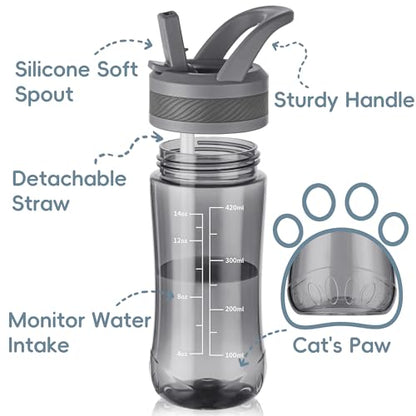 14oz Clear Kids Water Bottle with Straw Lid, BPA-Free Tritan, Measurement Scale, Sturdy Handle Wide Mouth Leak-proof Reusable Plastic Bottle for Boy& Girls, Back to School(Gray) - color: Gray