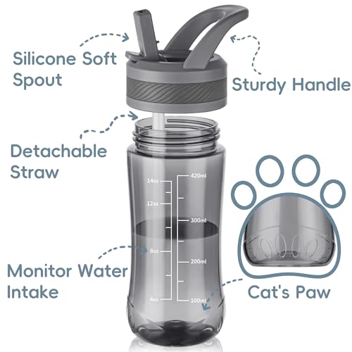 14oz Clear Kids Water Bottle with Straw Lid, BPA-Free Tritan, Measurement Scale, Sturdy Handle Wide Mouth Leak-proof Reusable Plastic Bottle for Boy& Girls, Back to School(Gray) - color: Gray