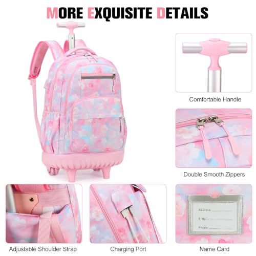 ACESAK Rolling Backpack for Girls - Roller Wheels School bag with Lunch Bag & Pencil Pouch for Teen Girls Kids Wheeled Suitcase Backpacks, Elementary Middle School Travel Daypack (Pink Gradient) - color: Pink Gradient