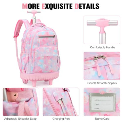 ACESAK Rolling Backpack for Girls - Roller Wheels School bag with Lunch Bag & Pencil Pouch for Teen Girls Kids Wheeled Suitcase Backpacks, Elementary Middle School Travel Daypack (Pink Gradient) - color: Pink Gradient