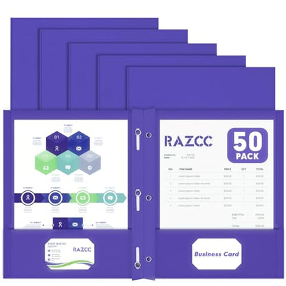 Two Pocket Folders, RAZCC 50 Pack Two Pocket Folders with Prongs, 3 Prong Folders Fit Letter Size Paper, Pocket File Folders for School Office Home Business, Purple - color: Purple