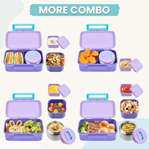 PIQUEBAR Kids Lunch Box with 8oz Thermo, Leakproof Bento Box with Insulated Bag, Kids Insulated Water Bottle, Food Lunch Container for Back to School Girls Boys, Purple - color: Purple
